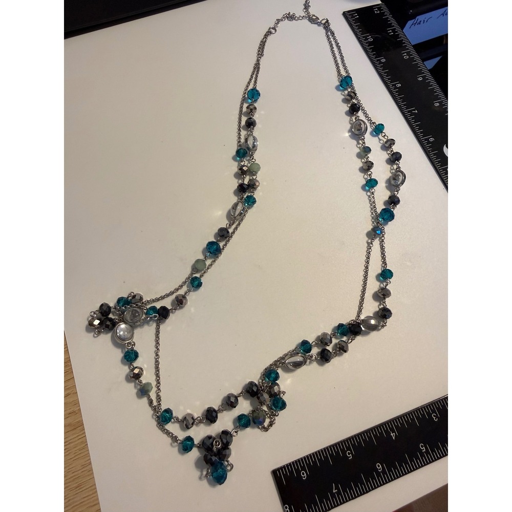 Silver Tone Teal Black Beaded Multi Strand Layered Statement Necklace 18-21 Inch